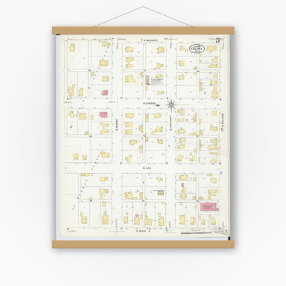 Old map wall art mockup — magnetic wood frame on white wall — Sanborn Fire Insurance Map from Celina, Mercer County, Ohio (1907), Sheet #0003