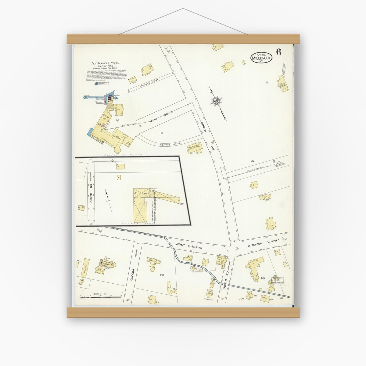 Old map wall art mockup — magnetic wood frame on white wall — Sanborn Fire Insurance Map from Millbrook, Dutchess County, New York (1913), Sheet #0006