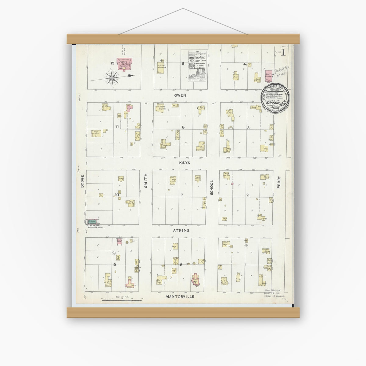 Old map wall art mockup — magnetic wood frame on white wall — Sanborn Fire Insurance Map from Kasson, Dodge County, Minnesota (1891) - Complete Map Set
