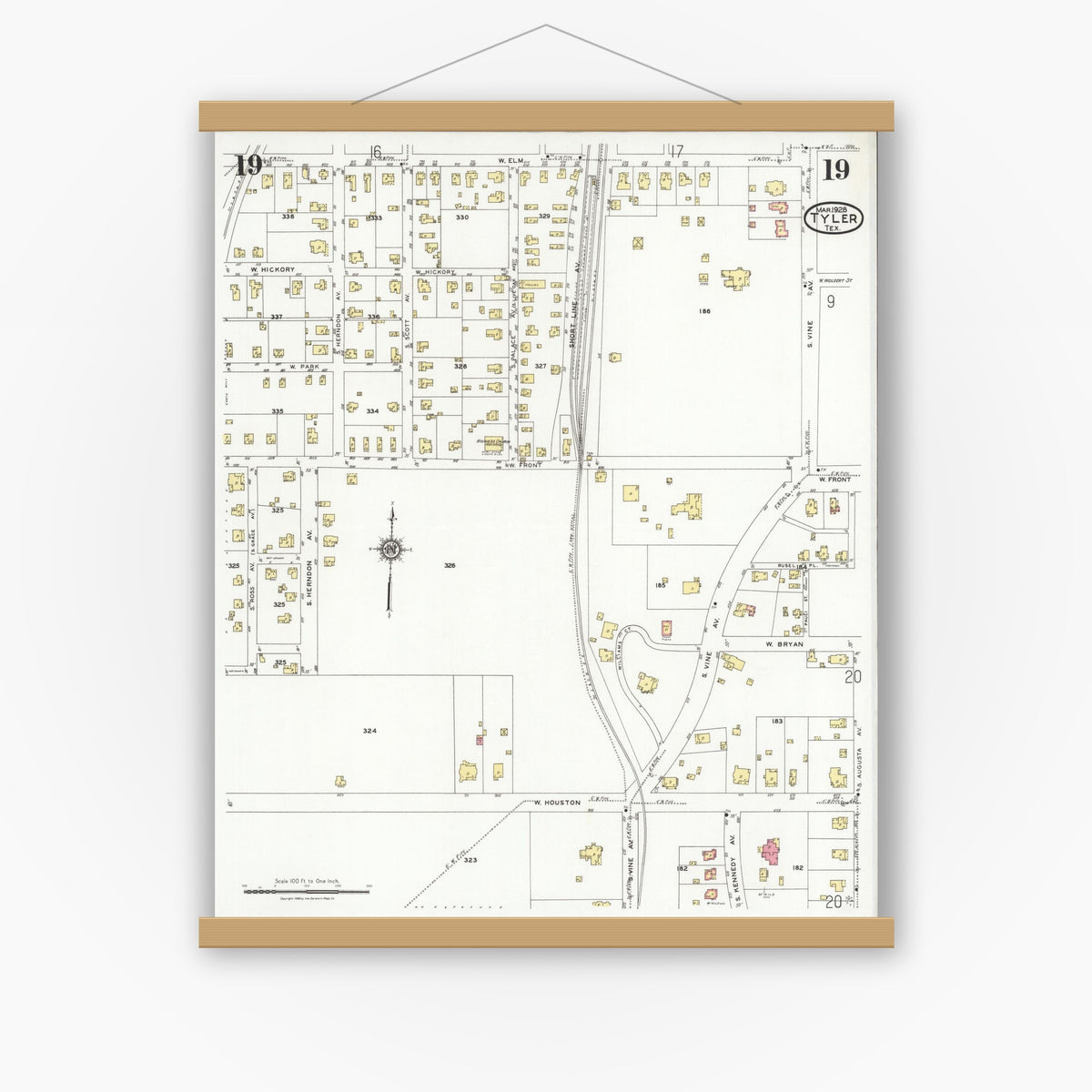 Old map wall art mockup — magnetic wood frame on white wall — Sanborn Fire Insurance Map from Tyler, Smith County, Texas (1928), Sheet #0019