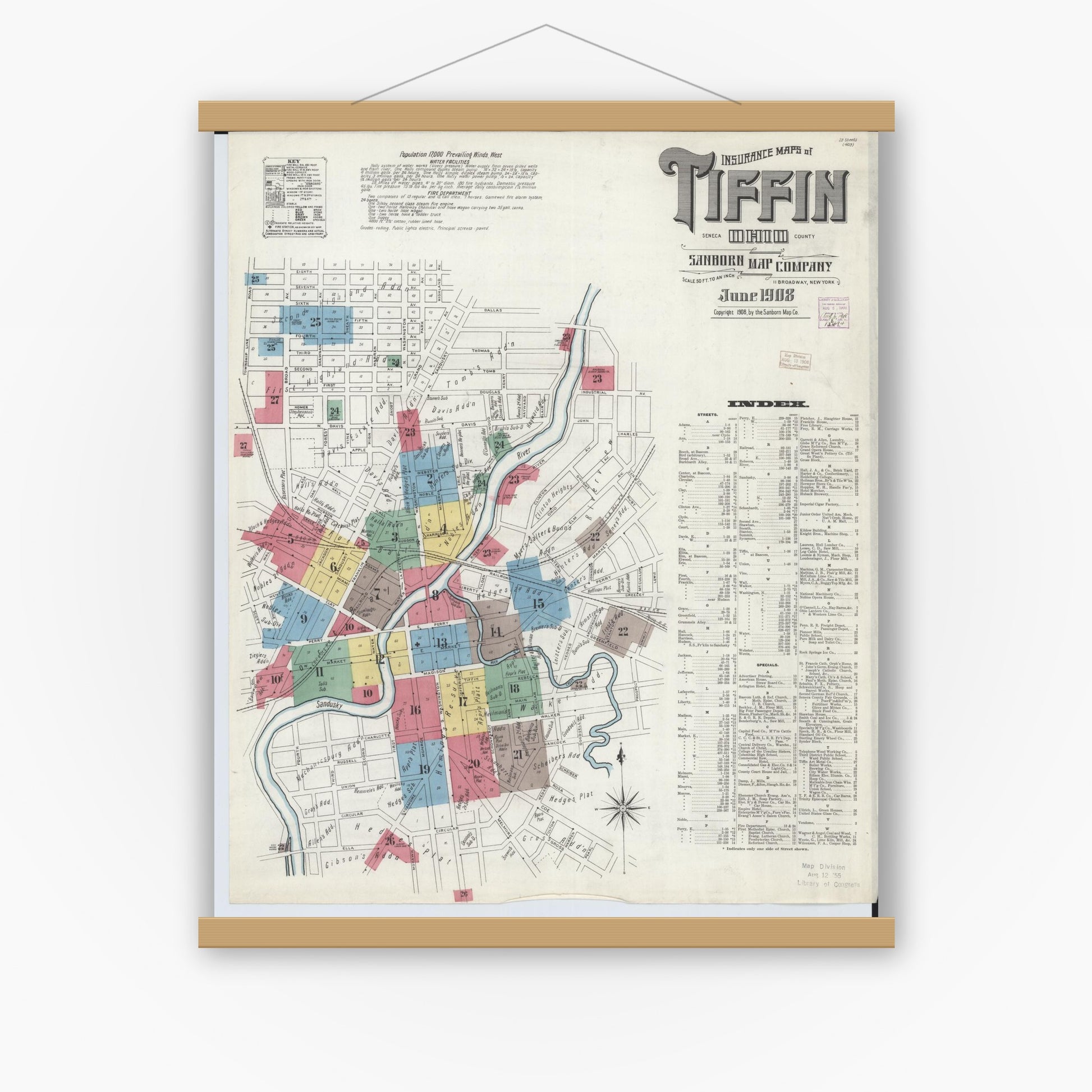 Old map wall art mockup — magnetic wood frame on white wall — Sanborn Fire Insurance Map from Tiffin, Seneca County, Ohio (1908), Sheet #0001
