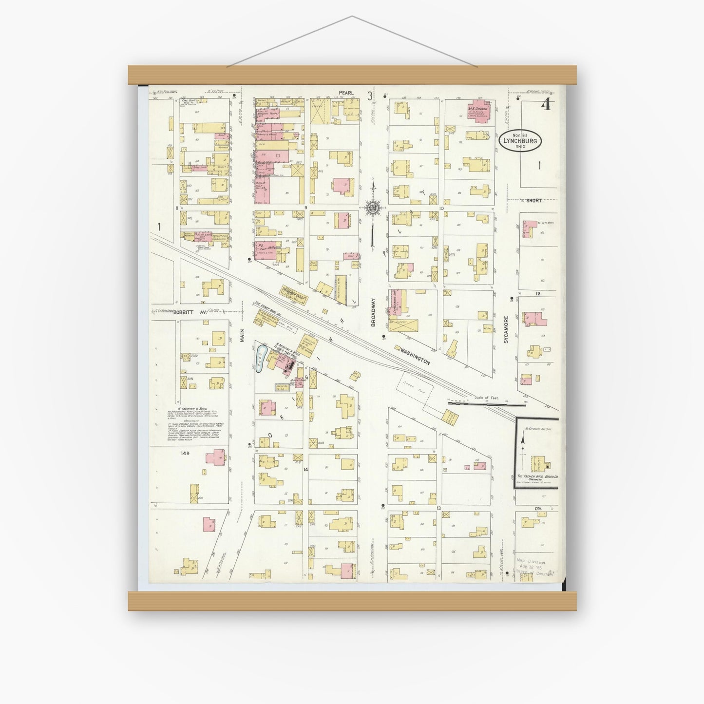 Old map wall art mockup — magnetic wood frame on white wall — Sanborn Fire Insurance Map from Lynchburg, Highland County, Ohio (1911), Sheet #0004
