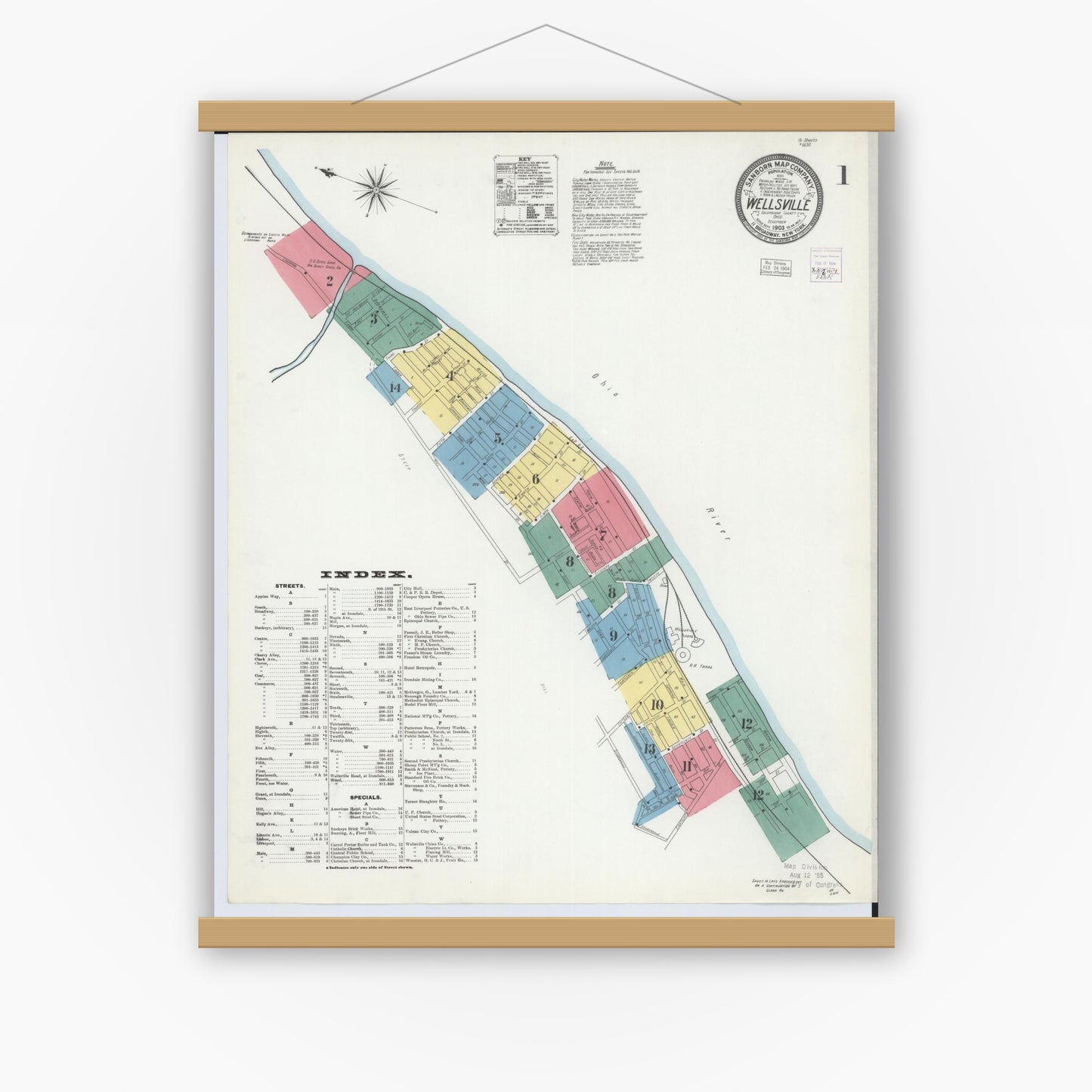 Old map wall art mockup — magnetic wood frame on white wall — Sanborn Fire Insurance Map from Wellsville, Columbiana County, Ohio (1903) - Complete Map Set