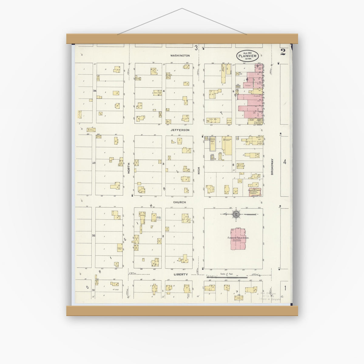 Old map wall art mockup — magnetic wood frame on white wall — Sanborn Fire Insurance Map from Plainview, Wabasha County, Minnesota (1910), Sheet #0002
