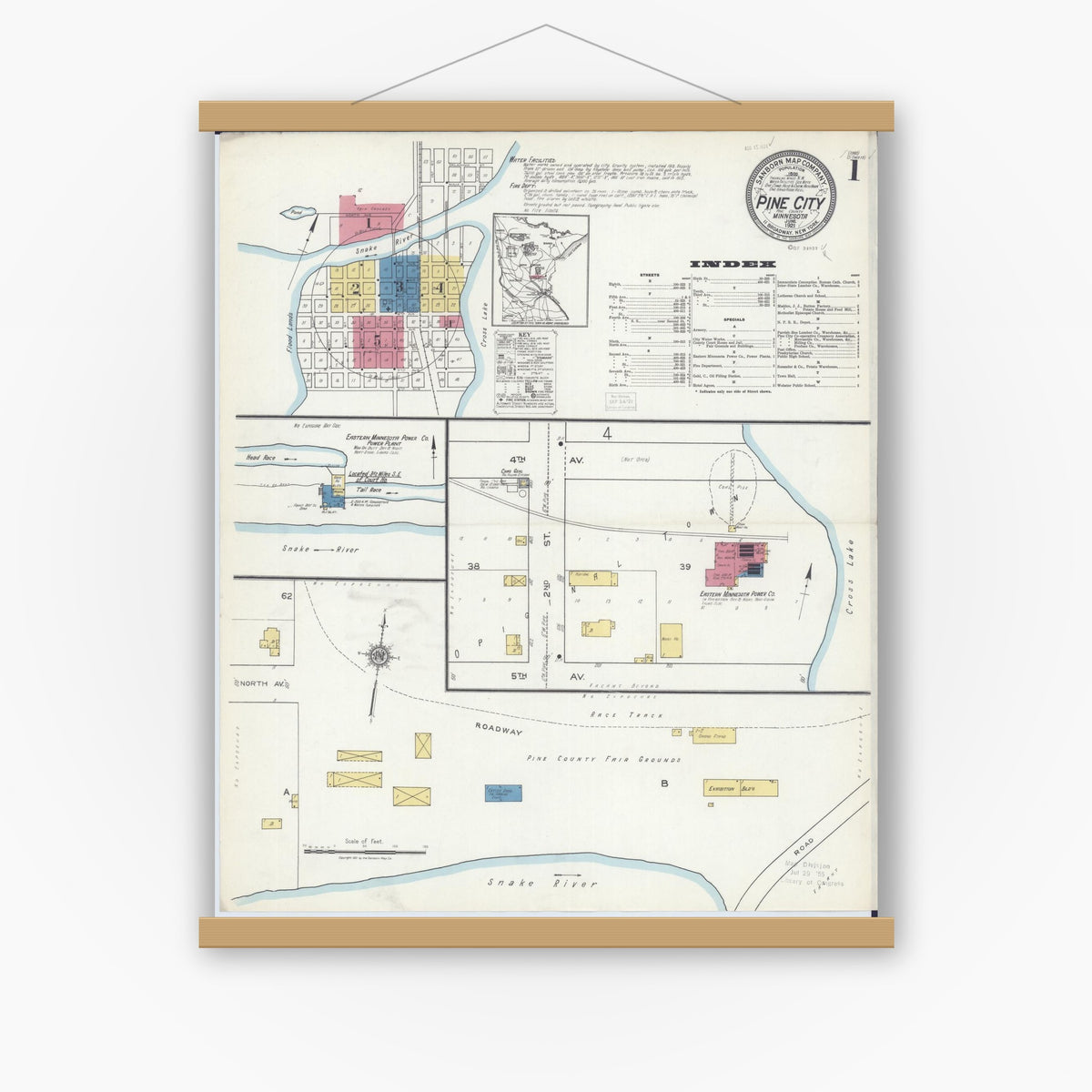 Old map wall art mockup — magnetic wood frame on white wall — Sanborn Fire Insurance Map from Pine City, Pine County, Minnesota (1921), Sheet #0001