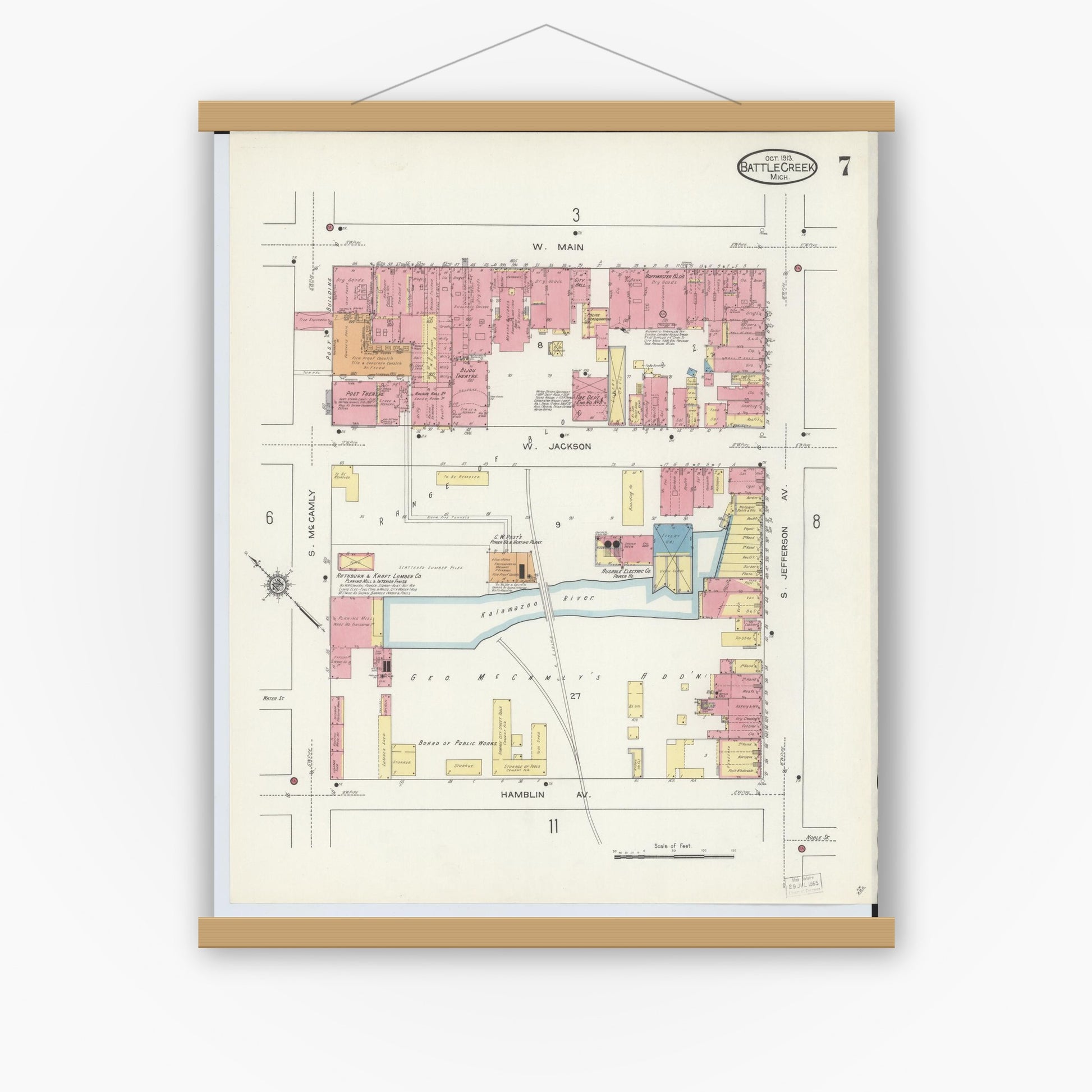 Old map wall art mockup — magnetic wood frame on white wall — Sanborn Fire Insurance Map from Battle Creek, Calhoun County, Michigan (1913), Sheet #0007