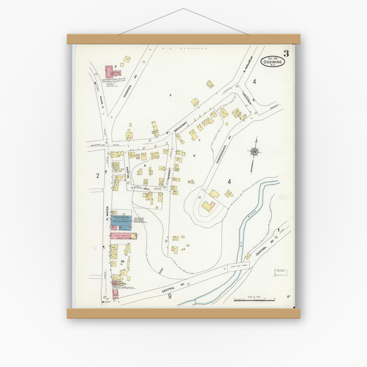 Old map wall art mockup — magnetic wood frame on white wall — Sanborn Fire Insurance Map from Ossining, Westchester County, New York (1911), Sheet #0003