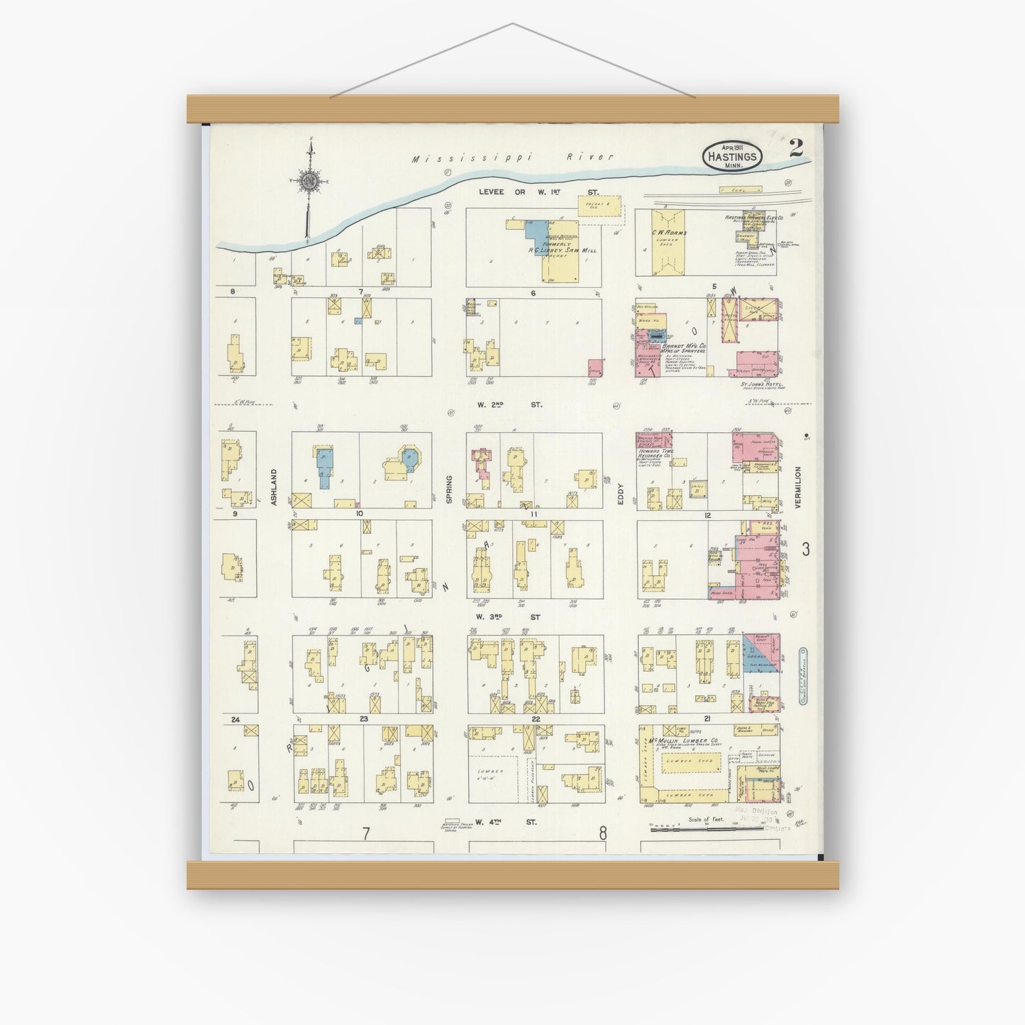 Old map wall art mockup — magnetic wood frame on white wall — Sanborn Fire Insurance Map from Hastings, Dakota County, Minnesota (1911), Sheet #0002