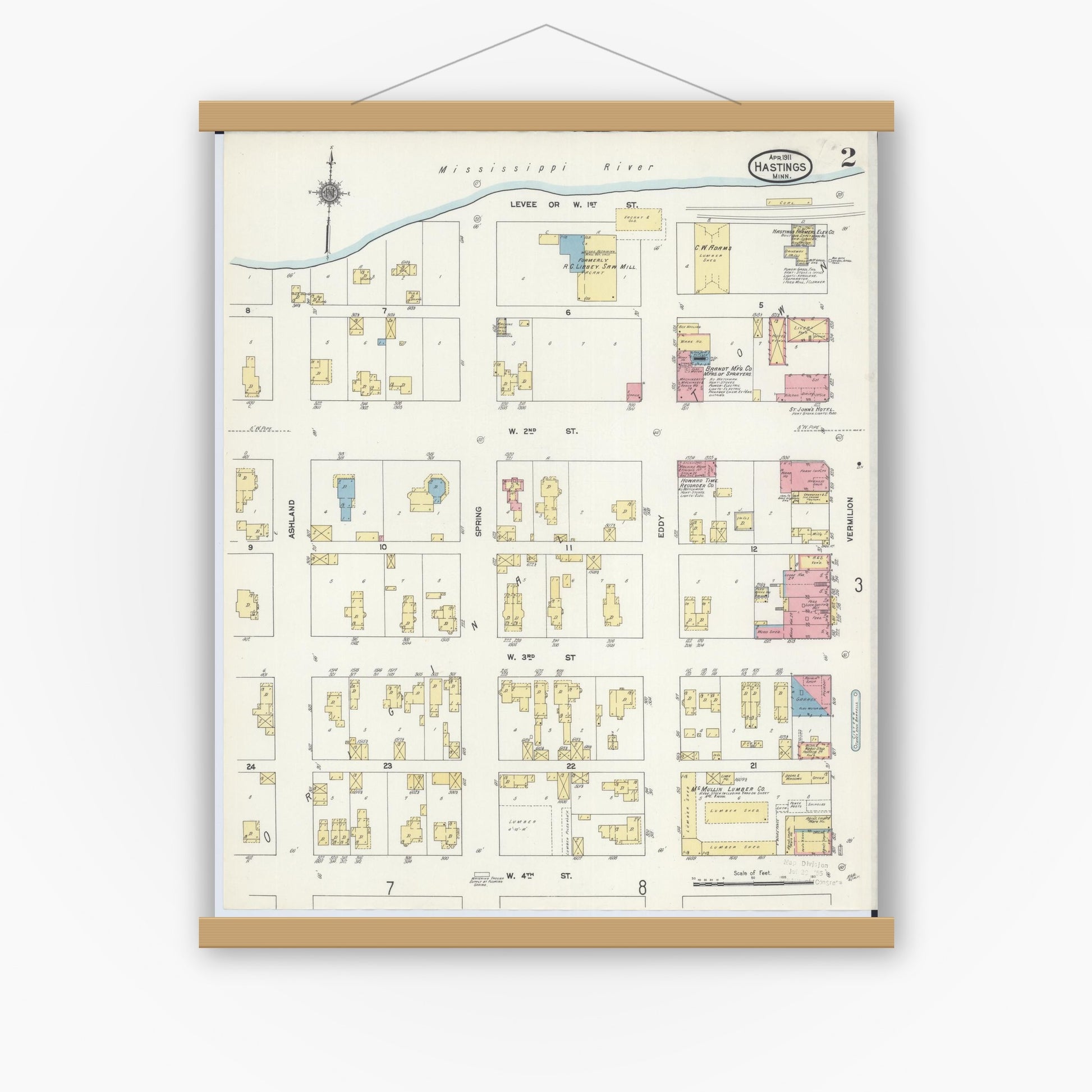 Old map wall art mockup — magnetic wood frame on white wall — Sanborn Fire Insurance Map from Hastings, Dakota County, Minnesota (1911), Sheet #0002