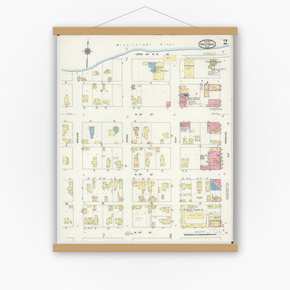 Old map wall art mockup — magnetic wood frame on white wall — Sanborn Fire Insurance Map from Hastings, Dakota County, Minnesota (1911), Sheet #0002