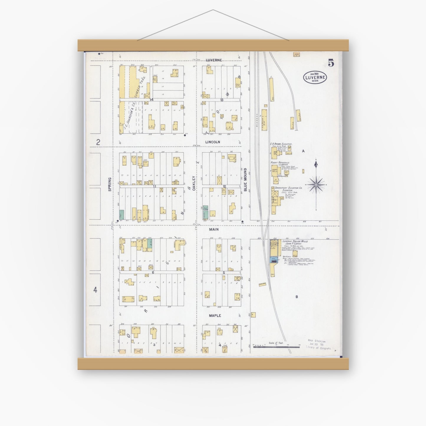 Old map wall art mockup — magnetic wood frame on white wall — Sanborn Fire Insurance Map from Luverne, Rock County, Minnesota (1900), Sheet #0005