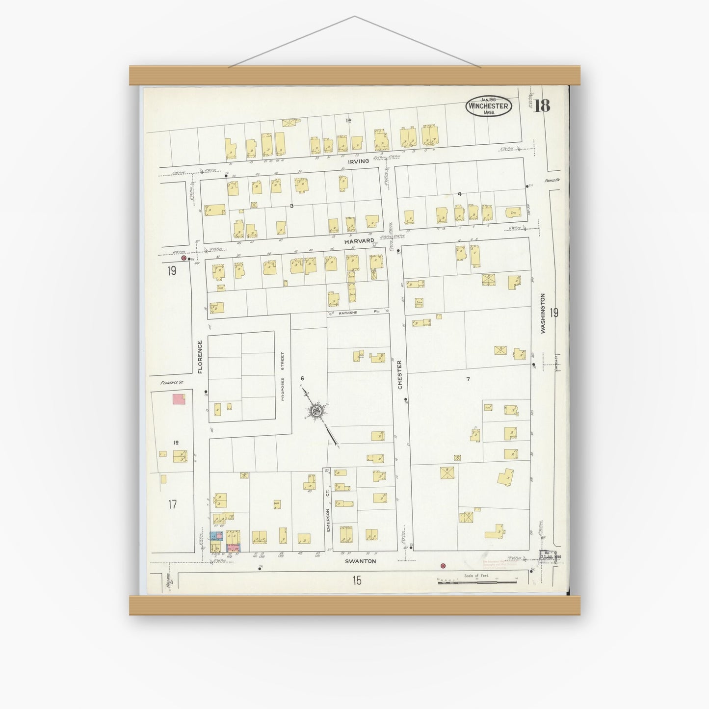 Old map wall art mockup — magnetic wood frame on white wall — Sanborn Fire Insurance Map from Winchester, Middlesex County, Massachusetts (1916), Sheet #0018