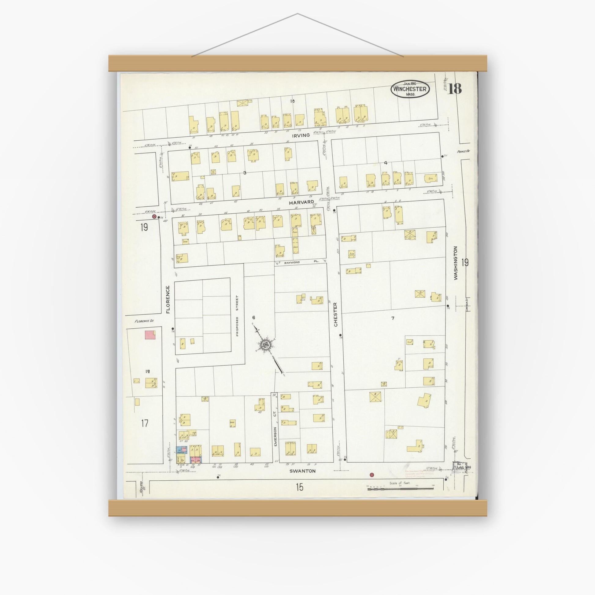 Old map wall art mockup — magnetic wood frame on white wall — Sanborn Fire Insurance Map from Winchester, Middlesex County, Massachusetts (1916), Sheet #0018