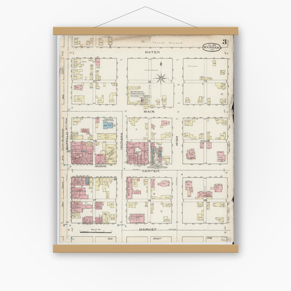 Old map wall art mockup — magnetic wood frame on white wall — Sanborn Fire Insurance Map from Warsaw, Kosciusko County, Indiana (1886), Sheet #0003