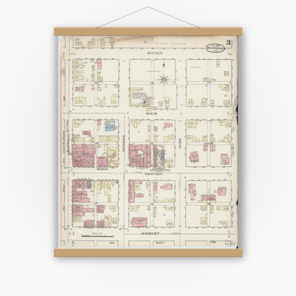 Old map wall art mockup — magnetic wood frame on white wall — Sanborn Fire Insurance Map from Warsaw, Kosciusko County, Indiana (1886), Sheet #0003