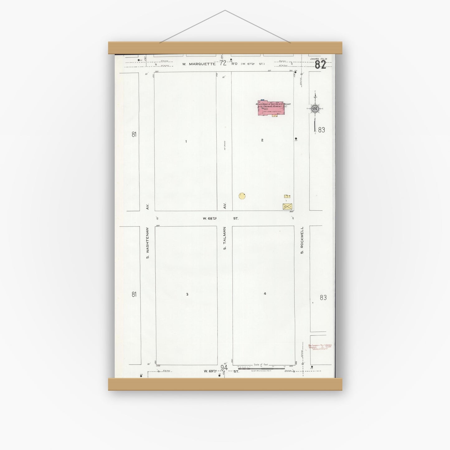 Old map wall art mockup — magnetic wood frame on white wall — Sanborn Fire Insurance Map from Chicago, Cook County, Illinois (1920), Sheet #0082