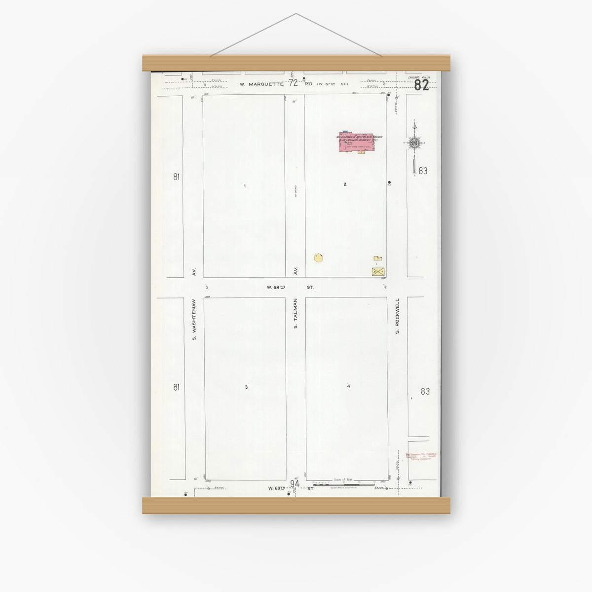 Old map wall art mockup — magnetic wood frame on white wall — Sanborn Fire Insurance Map from Chicago, Cook County, Illinois (1920), Sheet #0082