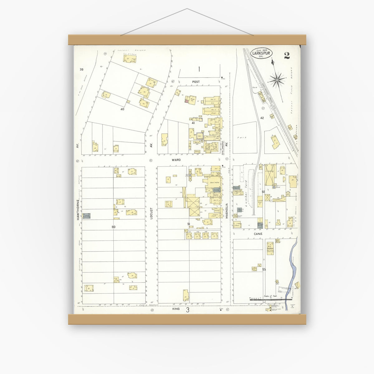 Old map wall art mockup — magnetic wood frame on white wall — Sanborn Fire Insurance Map from Larkspur, Marin County, California (1909), Sheet #0002
