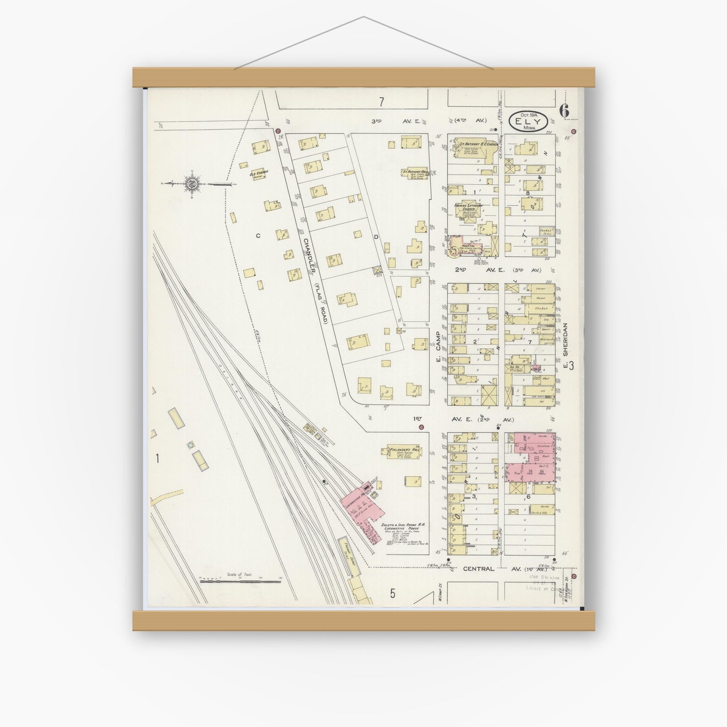 Old map wall art mockup — magnetic wood frame on white wall — Sanborn Fire Insurance Map from Ely, Saint Louis County, Minnesota (1914), Sheet #0006