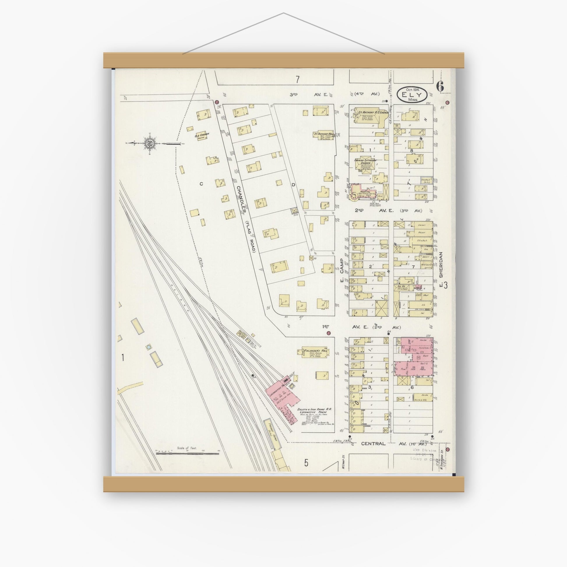 Old map wall art mockup — magnetic wood frame on white wall — Sanborn Fire Insurance Map from Ely, Saint Louis County, Minnesota (1914), Sheet #0006