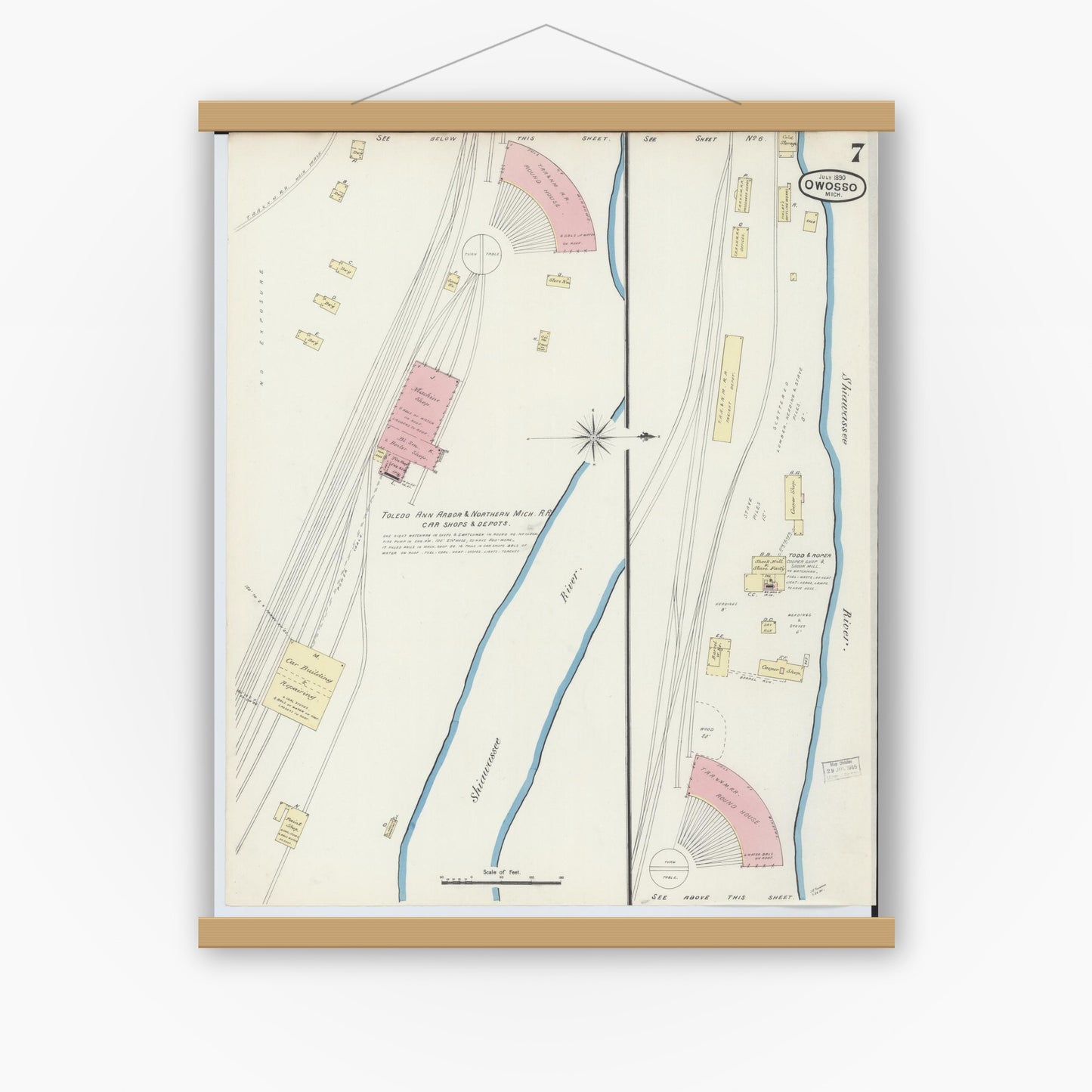 Old map wall art mockup — magnetic wood frame on white wall — Sanborn Fire Insurance Map from Owosso, Shiawassee County, Michigan (1890), Sheet #0007