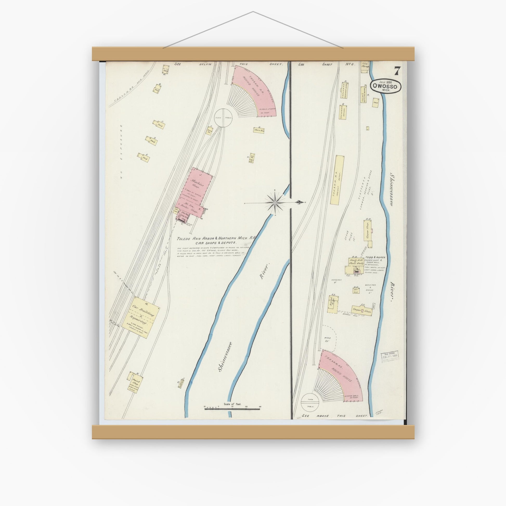Old map wall art mockup — magnetic wood frame on white wall — Sanborn Fire Insurance Map from Owosso, Shiawassee County, Michigan (1890), Sheet #0007