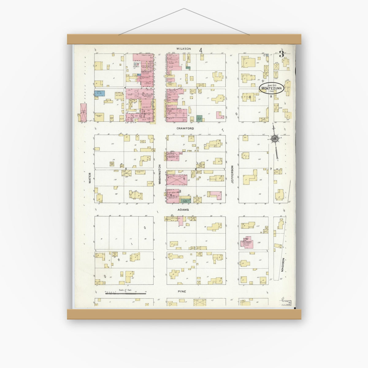 Old map wall art mockup — magnetic wood frame on white wall — Sanborn Fire Insurance Map from Montezuma, Parke County, Indiana (1910), Sheet #0003