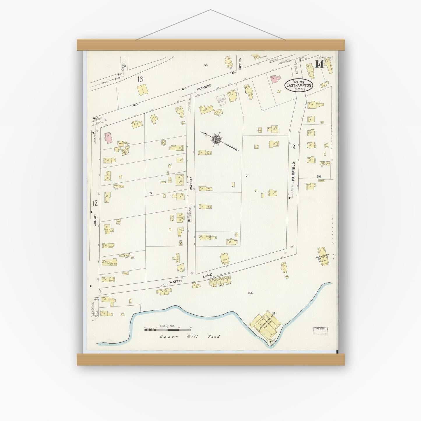 Old map wall art mockup — magnetic wood frame on white wall — Sanborn Fire Insurance Map from East Hampton, Hampshire County, Massachusetts (1910), Sheet #0014