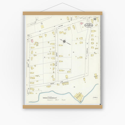 Old map wall art mockup — magnetic wood frame on white wall — Sanborn Fire Insurance Map from East Hampton, Hampshire County, Massachusetts (1910), Sheet #0014
