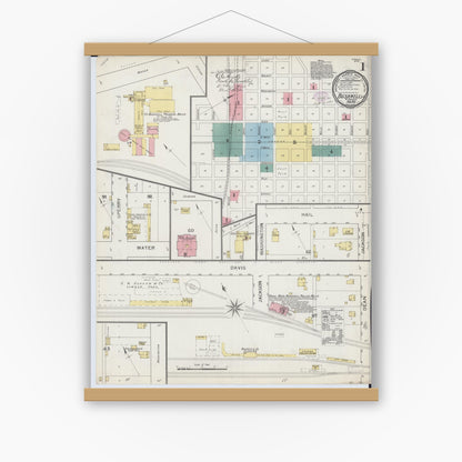 Old map wall art mockup — magnetic wood frame on white wall — Sanborn Fire Insurance Map from Bushnell, Mcdonough County, Illinois (1893) - Complete Map Set