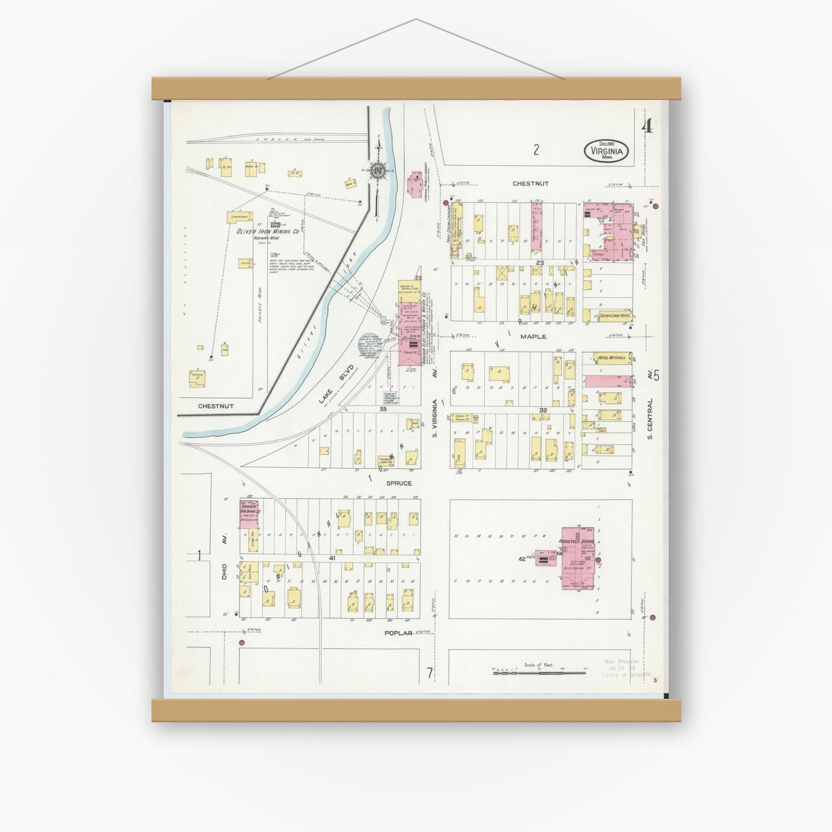 Old map wall art mockup — magnetic wood frame on white wall — Sanborn Fire Insurance Map from Virginia, Saint Louis County, Minnesota (1910), Sheet #0004