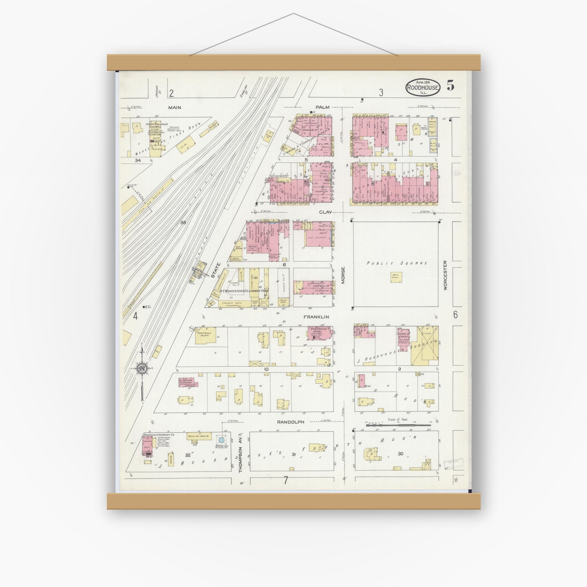 Old map wall art mockup — magnetic wood frame on white wall — Sanborn Fire Insurance Map from Roodhouse, Greene County, Illinois (1914), Sheet #0005