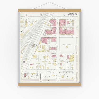 Old map wall art mockup — magnetic wood frame on white wall — Sanborn Fire Insurance Map from Roodhouse, Greene County, Illinois (1914), Sheet #0005