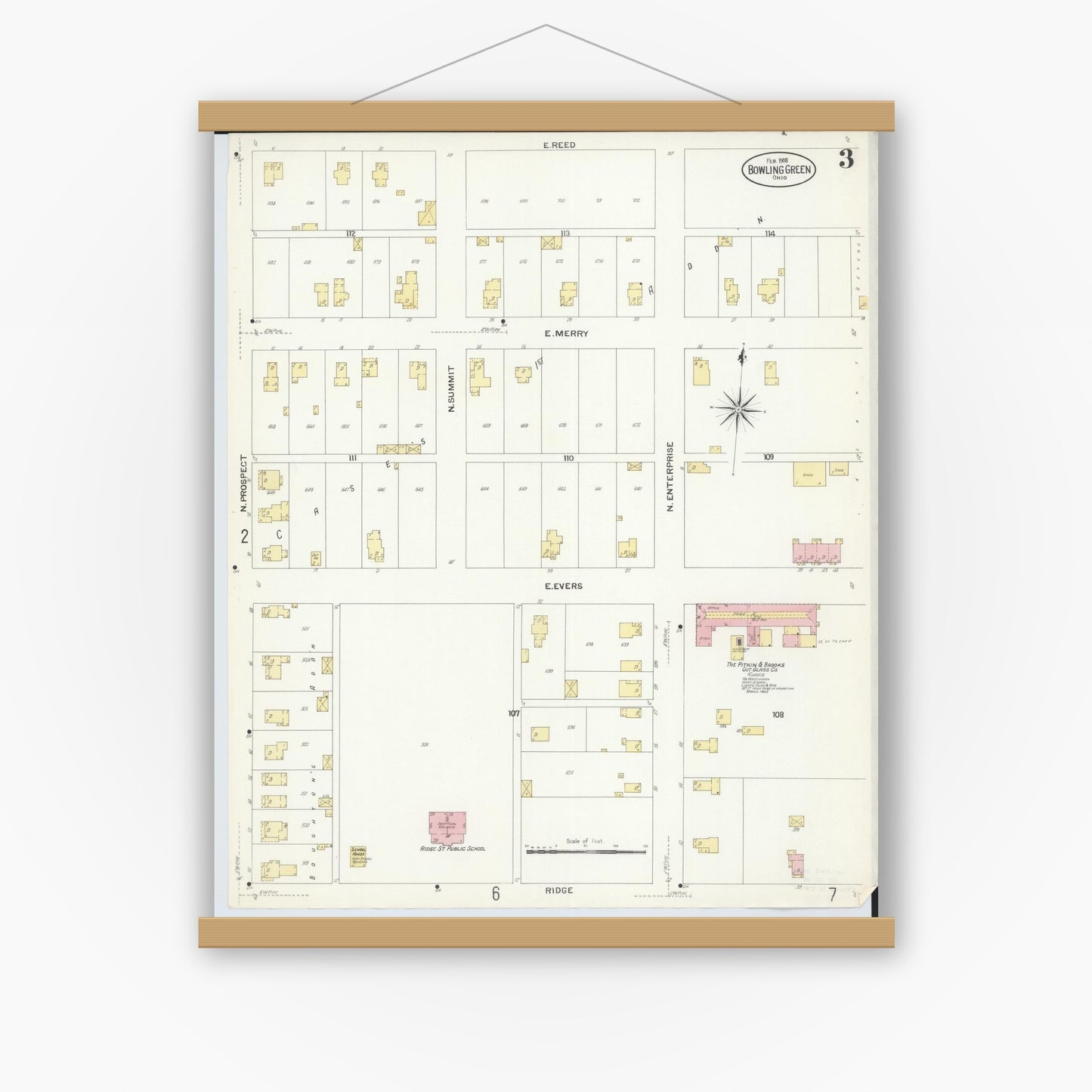 Old map wall art mockup — magnetic wood frame on white wall — Sanborn Fire Insurance Map from Bowling Green, Wood County, Ohio (1908), Sheet #0003
