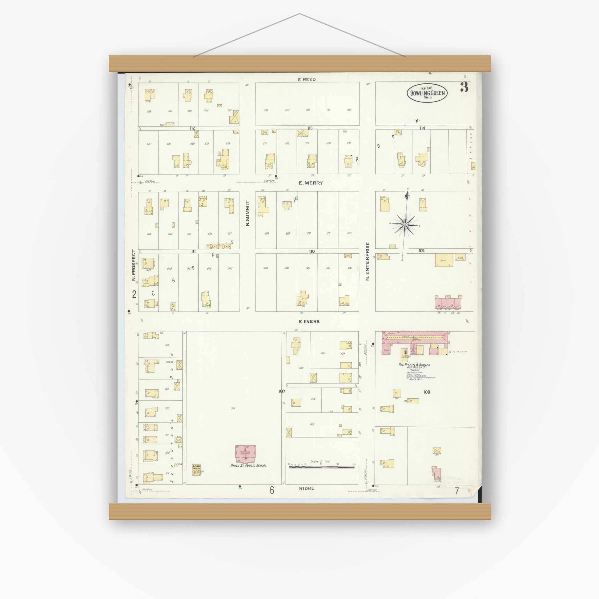 Old map wall art mockup — magnetic wood frame on white wall — Sanborn Fire Insurance Map from Bowling Green, Wood County, Ohio (1908), Sheet #0003