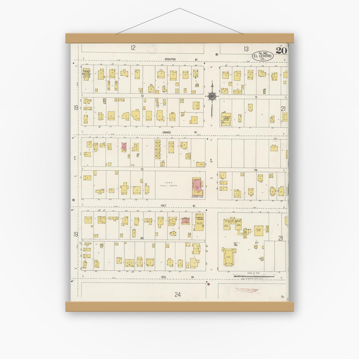 Old map wall art mockup — magnetic wood frame on white wall — Sanborn Fire Insurance Map from El Centro, Imperial County, California (1922), Sheet #0020