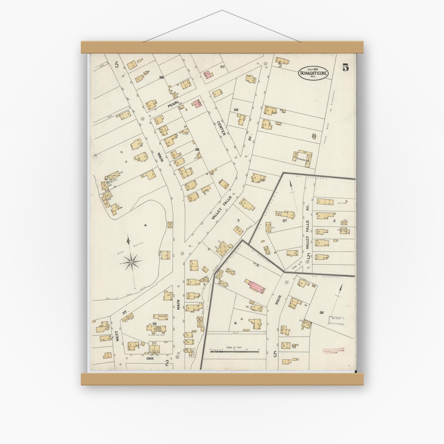 Old map wall art mockup — magnetic wood frame on white wall — Sanborn Fire Insurance Map from Schaghticoke, Rensselaer County, New York (1902), Sheet #0005