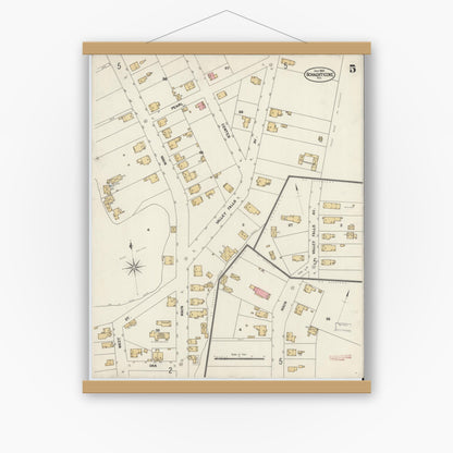 Old map wall art mockup — magnetic wood frame on white wall — Sanborn Fire Insurance Map from Schaghticoke, Rensselaer County, New York (1902), Sheet #0005