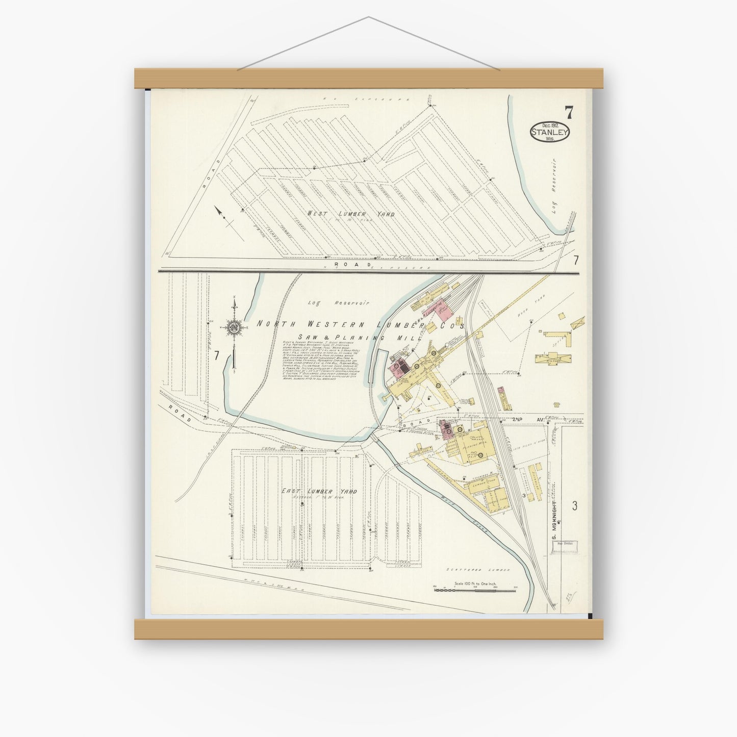 Old map wall art mockup — magnetic wood frame on white wall — Sanborn Fire Insurance Map from Stanley, Chippewa County, Wisconsin (1912), Sheet #0007