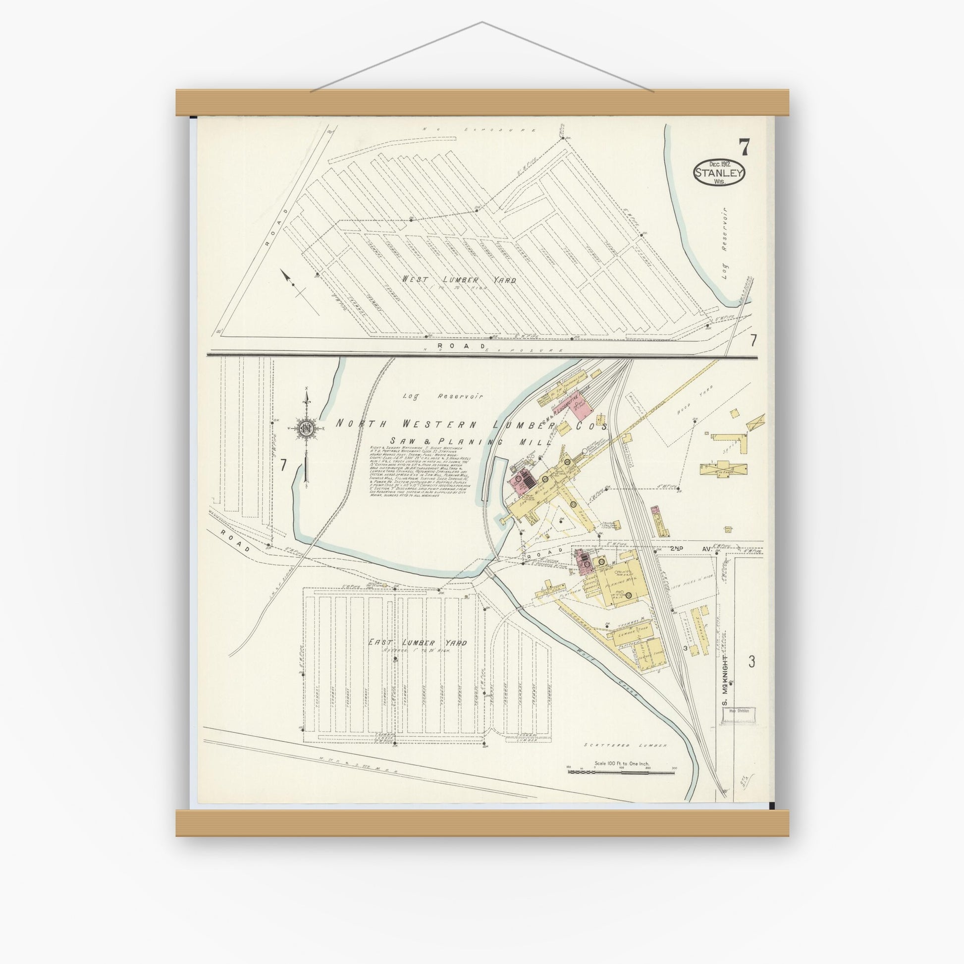 Old map wall art mockup — magnetic wood frame on white wall — Sanborn Fire Insurance Map from Stanley, Chippewa County, Wisconsin (1912), Sheet #0007