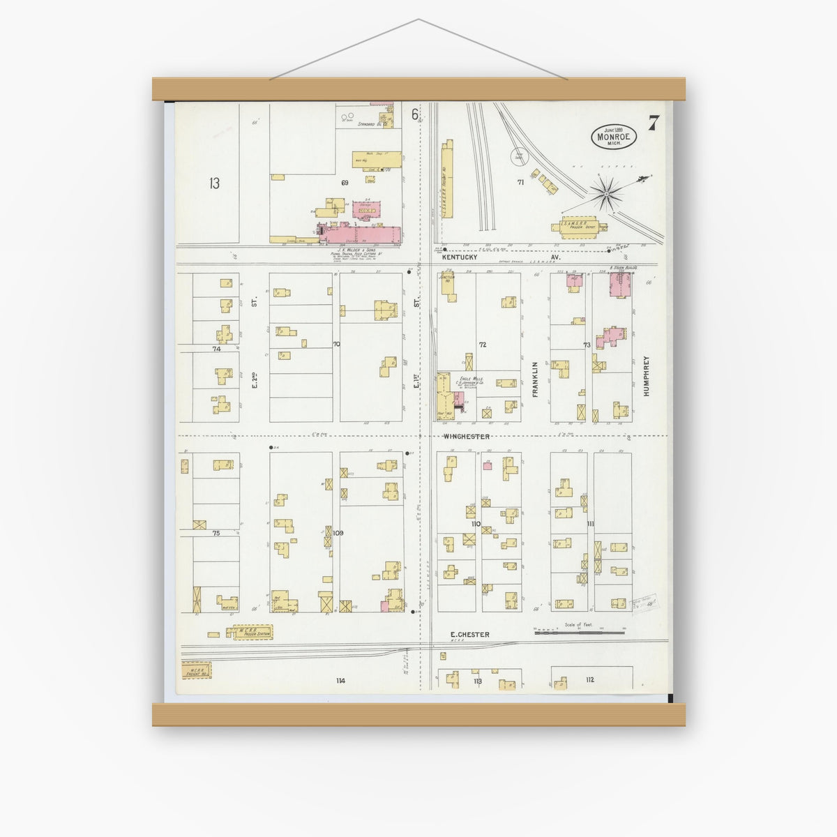 Old map wall art mockup — magnetic wood frame on white wall — Sanborn Fire Insurance Map from Monroe, Monroe County, Michigan (1899), Sheet #0007