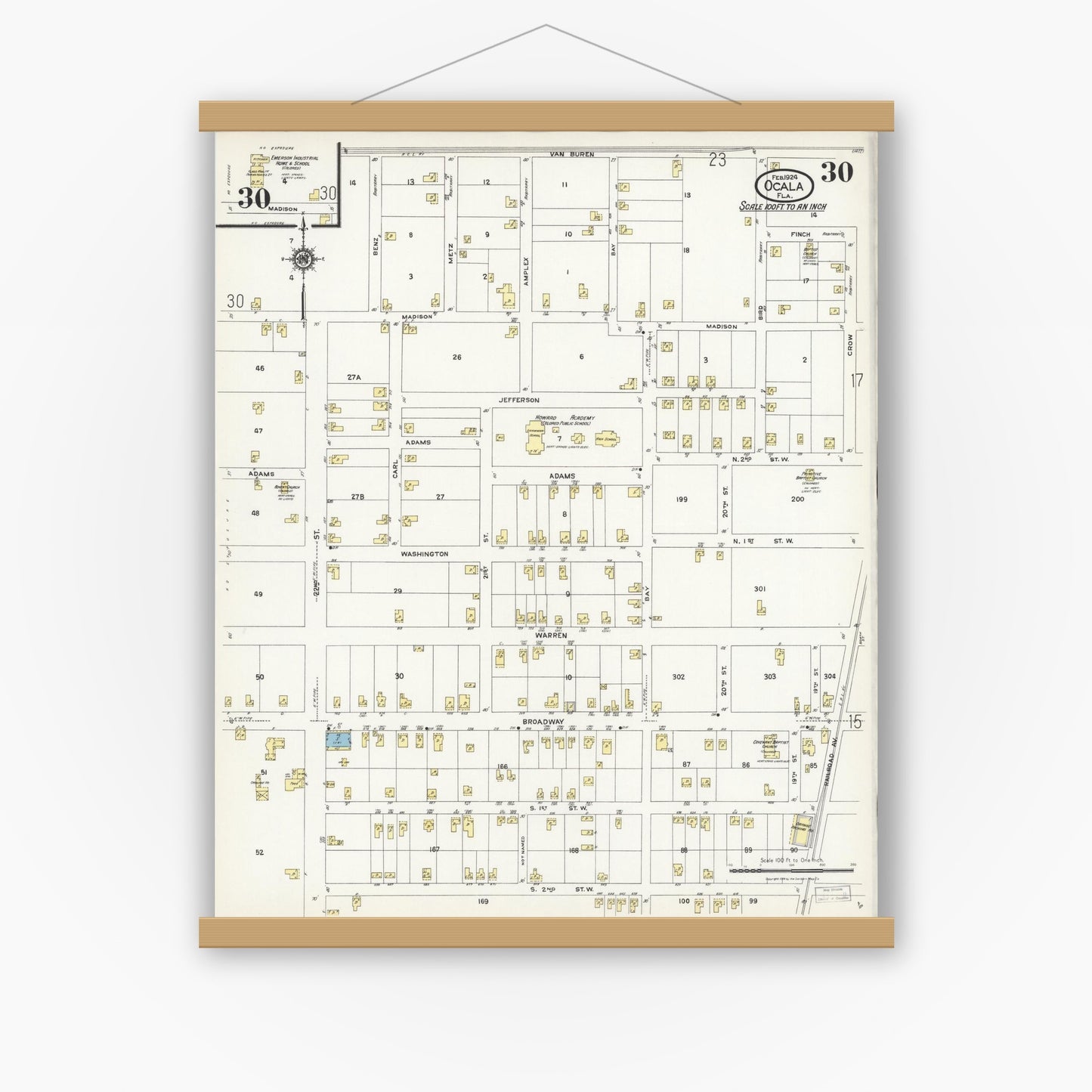 Old map wall art mockup — magnetic wood frame on white wall — Sanborn Fire Insurance Map from Ocala, Marion County, Florida (1924), Sheet #0030