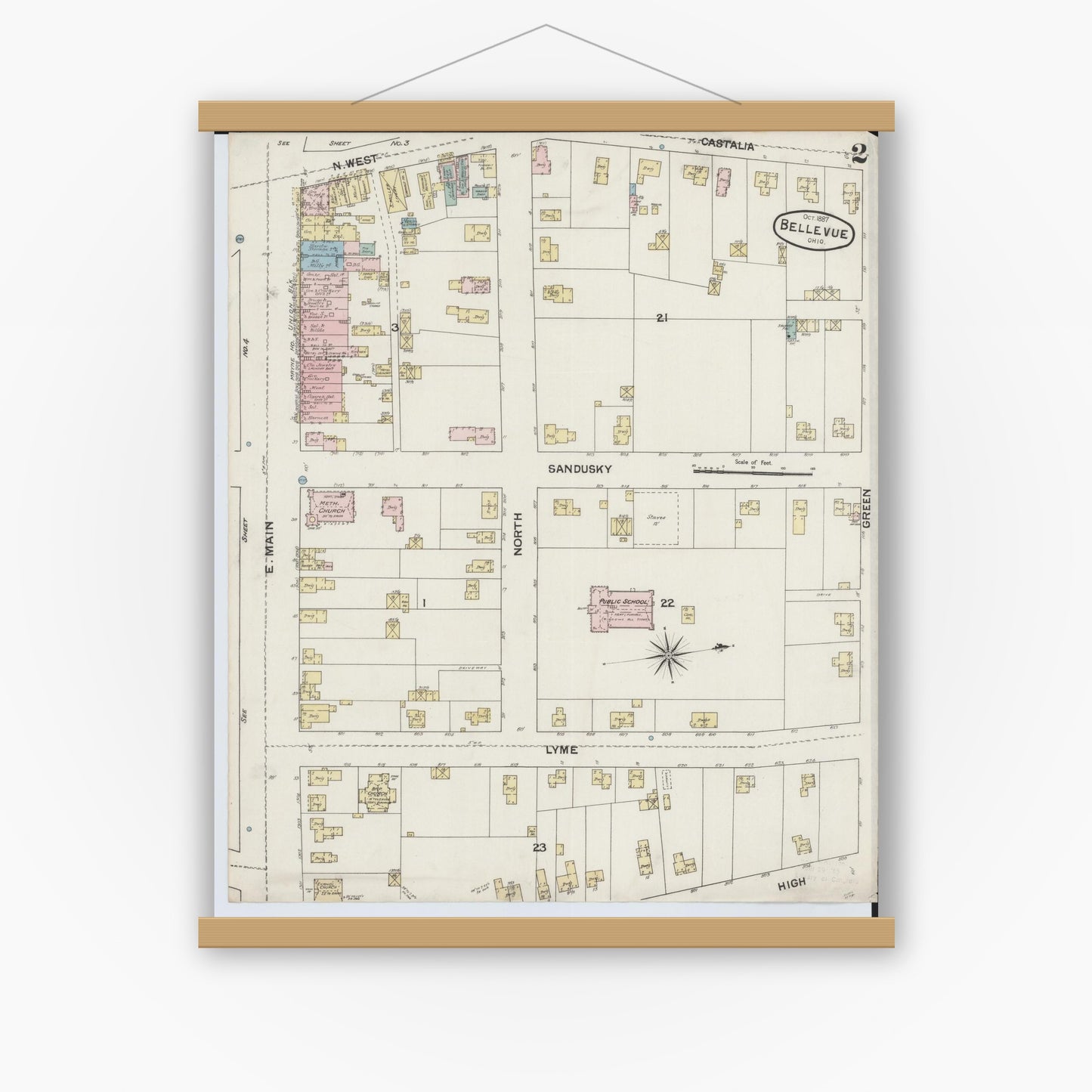 Old map wall art mockup — magnetic wood frame on white wall — Sanborn Fire Insurance Map from Bellevue, Huron And Sandusky County, Ohio (1887), Sheet #0002