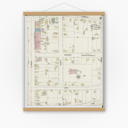 Old map wall art mockup — magnetic wood frame on white wall — Sanborn Fire Insurance Map from Bellevue, Huron And Sandusky County, Ohio (1887), Sheet #0002