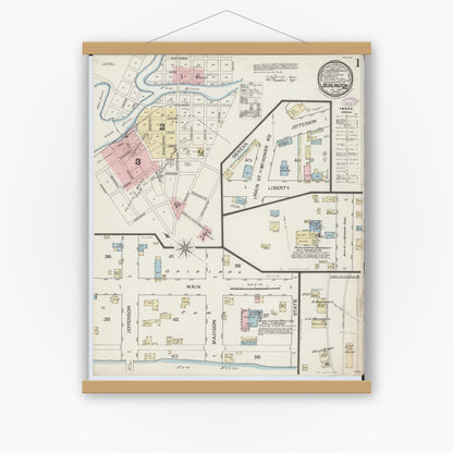 Old map wall art mockup — magnetic wood frame on white wall — Sanborn Fire Insurance Map from Burlington, Racine County, Wisconsin (1887) - Complete Map Set