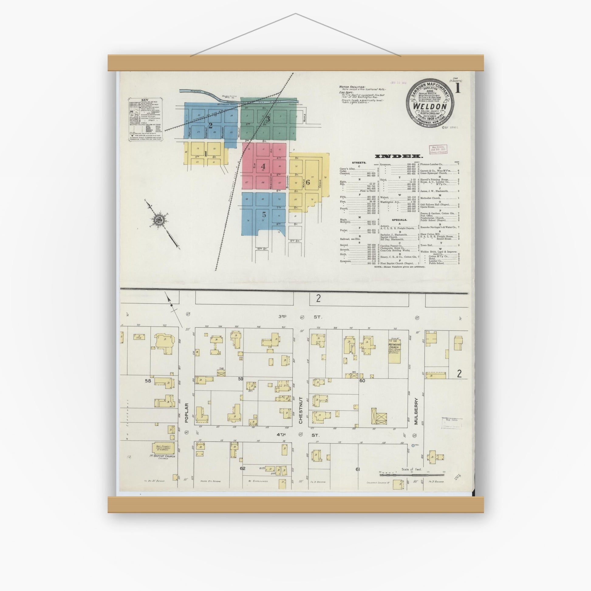 Old map wall art mockup — magnetic wood frame on white wall — Sanborn Fire Insurance Map from Weldon, Halifax County, North Carolina (1909) - Complete Map Set