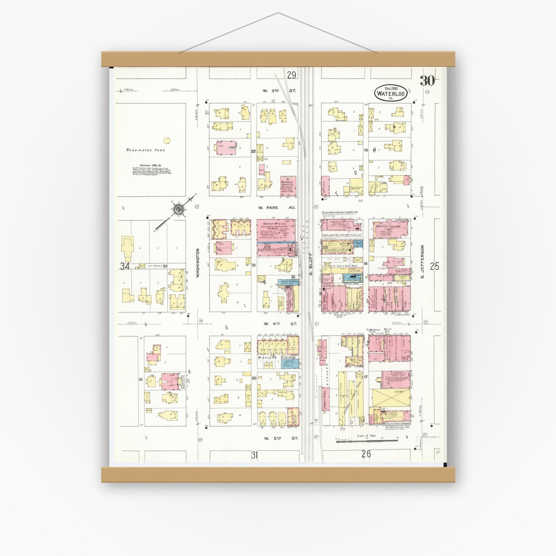 Old map wall art mockup — magnetic wood frame on white wall — Sanborn Fire Insurance Map from Waterloo, Black Hawk County, Iowa (1910), Sheet #0030