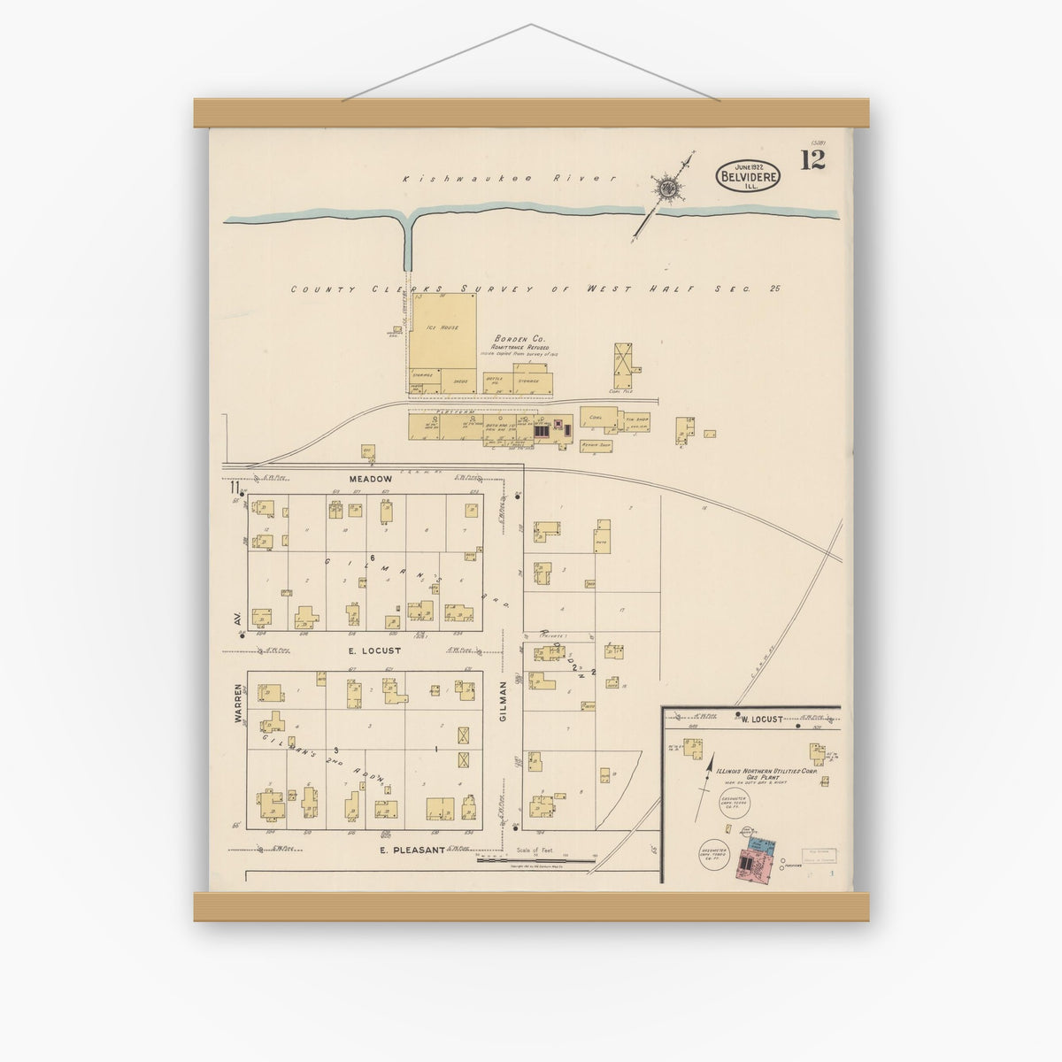 Old map wall art mockup — magnetic wood frame on white wall — Sanborn Fire Insurance Map from Belvidere, Boone County, Illinois (1922), Sheet #0012