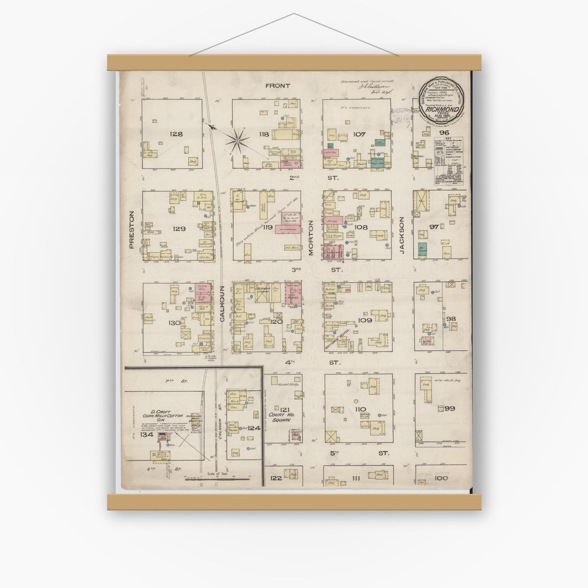 Old map wall art mockup — magnetic wood frame on white wall — Sanborn Fire Insurance Map from Richmond, Fort Bend County, Texas (1885), Sheet #0001