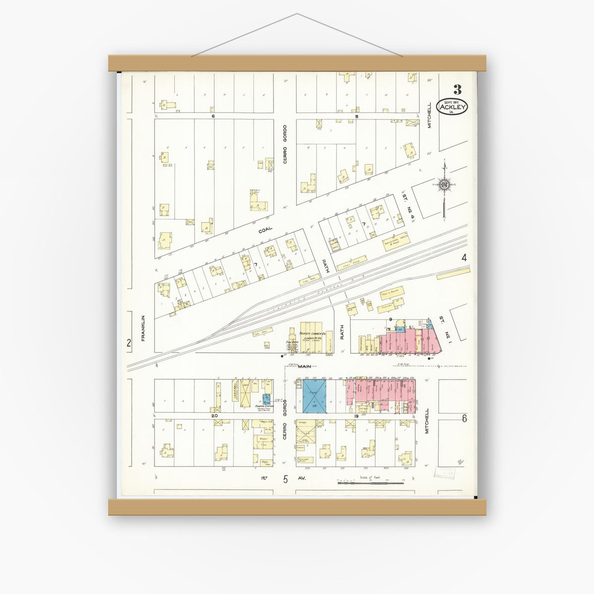 Old map wall art mockup — magnetic wood frame on white wall — Sanborn Fire Insurance Map from Ackley, Hardin and Franklin Counties, Iowa (1911), Sheet #0003